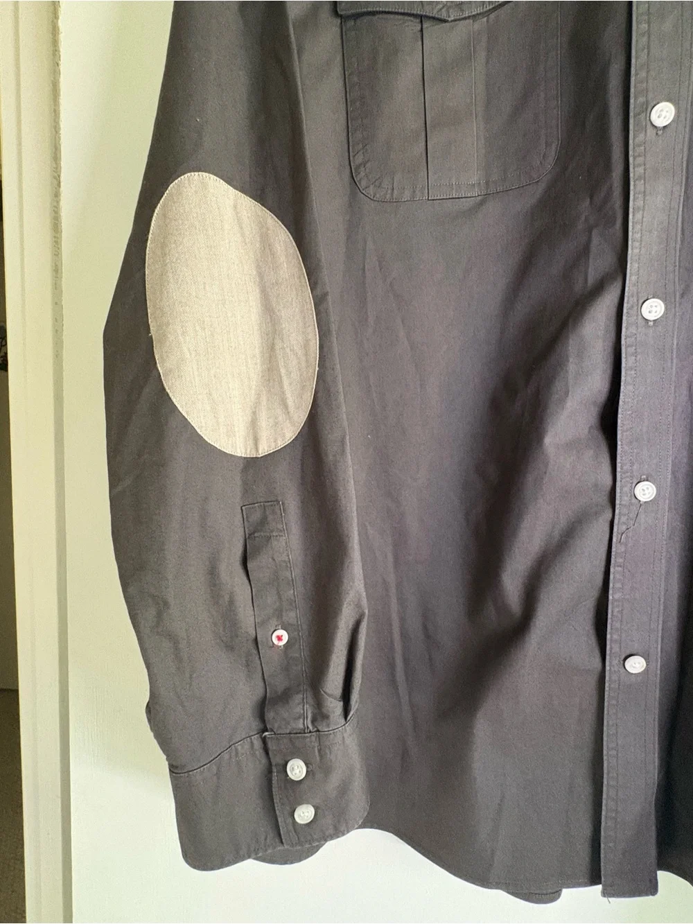 Banana Republic Men's Dark Gray Button-Down Shirt with Tan Elbow Patch